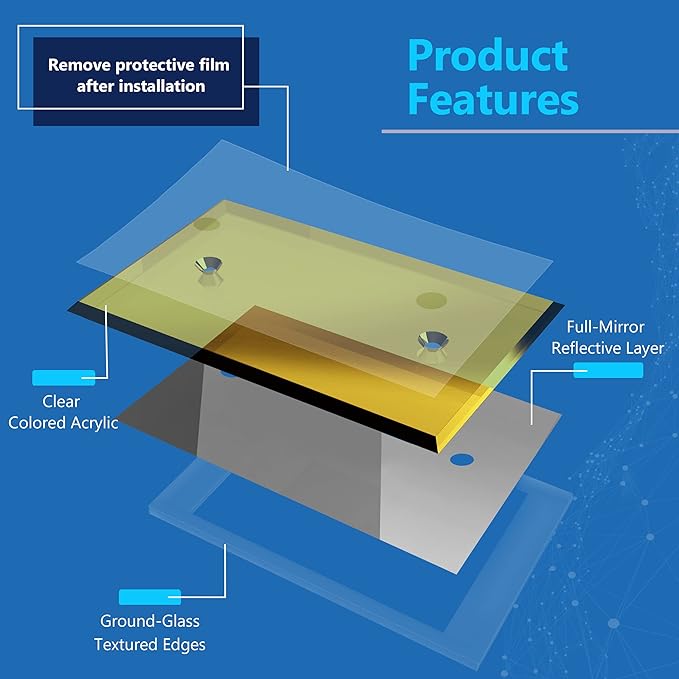 LIDER Reflective Acrylic Blank Device Wall Plate, Mirrored Cover Plate, Plexiglass Wall Plate, Acrylic Glass, Oversized 1-Gang 5.25" x 3.44", LWP-01O-AGD, Gold