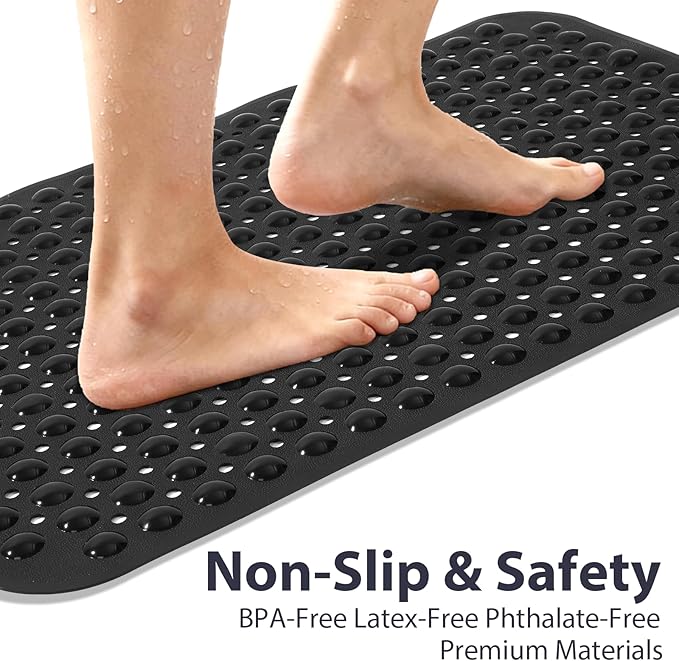 Black Bathtub Mat Shower Mat Non Slip 17x30 Inch Standard Size, Soft Bubble Bath Tub Mat Shower Mats for Inside Shower Bathroom Floor Mat with Big Suction Cups & Drain Holes, BPA-Free
