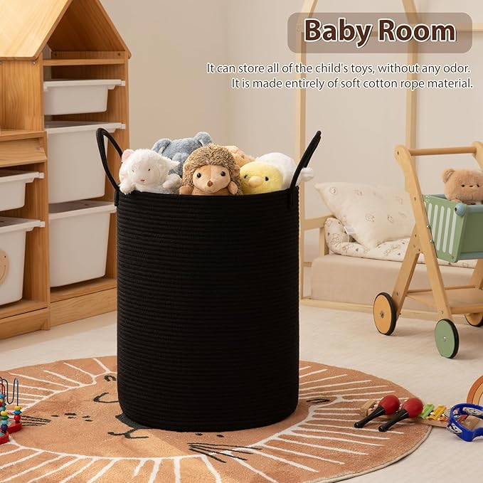 OIAHOMY Large Laundry Basket Hamper - 80L Cotton Rope Woven Basket for Blankets, Toys, Clothes - Tall Decorative Nursery Hamper with Long Handles, Black