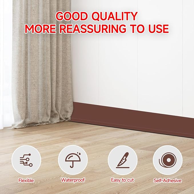 Flexible Baseboard Molding Trim 3 Inch(W) x 66 Feet(L) Self Adhesive Vinyl Wall Base Peel and Stick Cove Base,Rubber Wall Base. (Brown)