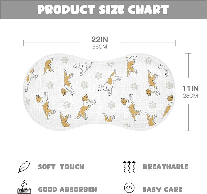 Qinllo 1 Pack Muslin Burp Cloths Golden Dogs Paw Prints White Cotton Baby Burp Cloths Ultra Absorbent and Soft Burping Cloth for Newborn Boys Girls 22x11 Inch