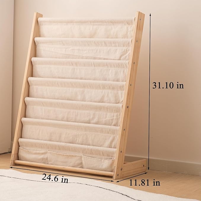 HDView Kids Bookshelf 7 Tier Wooden Book Organizer Toddler Book Sling Rack with Deep Sleeves for Boys Playroom Nursery Bedroom, Space Saver, Up to 200 Kids Books