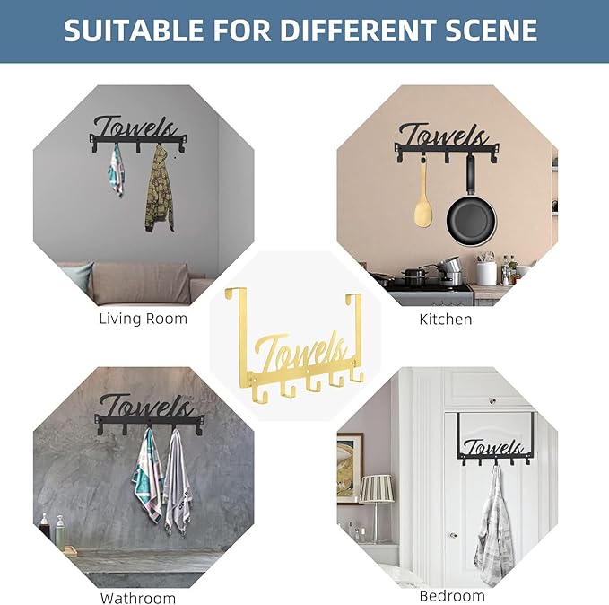 Azmoncy Over The Door Hooks - Heavy Duty Towel Rack with 5 Coat Hooks for Bedroom Kitchen, Gold Bathroom Decor
