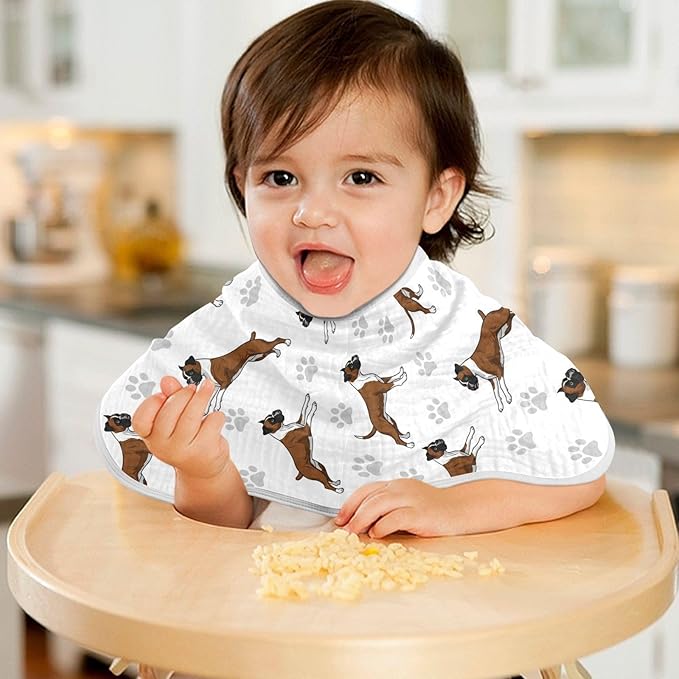 Qinllo 1 Pack Muslin Burp Cloths Boxer Dogs White Cotton Baby Burp Cloths Ultra Absorbent and Soft Thick Burping Cloth for Newborn Babies Boys Girls 22x11 Inch