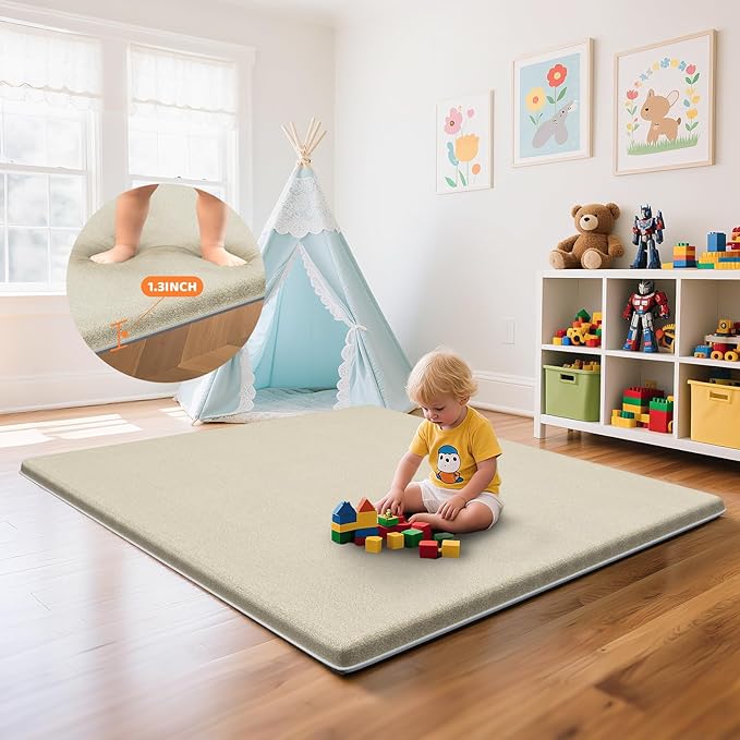 Omzer Baby Play Mat for Floor: Soft & Safe - 1.3'' Thick Foam Playpen Mat with Machine Washable Removable Coth Cover for Tummy Time- Non Slip Crawling Pad for Toddler,Infant,Kids(Khaki, 71''x79'')