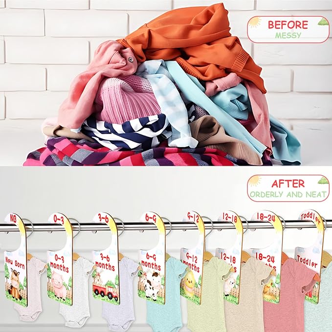 Baby Closet Dividers 8PCS, Farm Animal Theme Wooden Double-Sided Clothes Size Hanger Organizer from Newborn to Toddler for Nursery Decor Baby Shower Birthday Gift (Includes Gift Box)