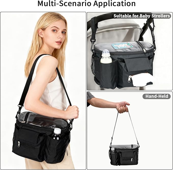 Smlper Stroller Organizer with Cup Holders, Adjustable Universal Organizer Caddy Bag - Phone Pocket & Detachable Strap for Baby Stroller and Pet Stroller (Black)