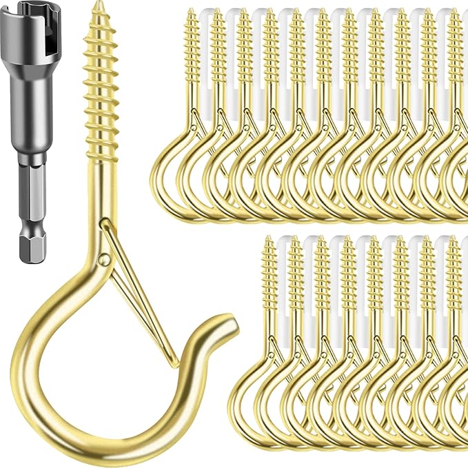 FSAH 36 PCS Q-Hanger Hooks, Screw Hooks for Outdoor String Lights, Safety Buckle Design Cup Eye Hook for Hanging Christmas Lights, Plants, Mounted on Wall Ceiling, Include 1 Wing Nut Driver, Gold