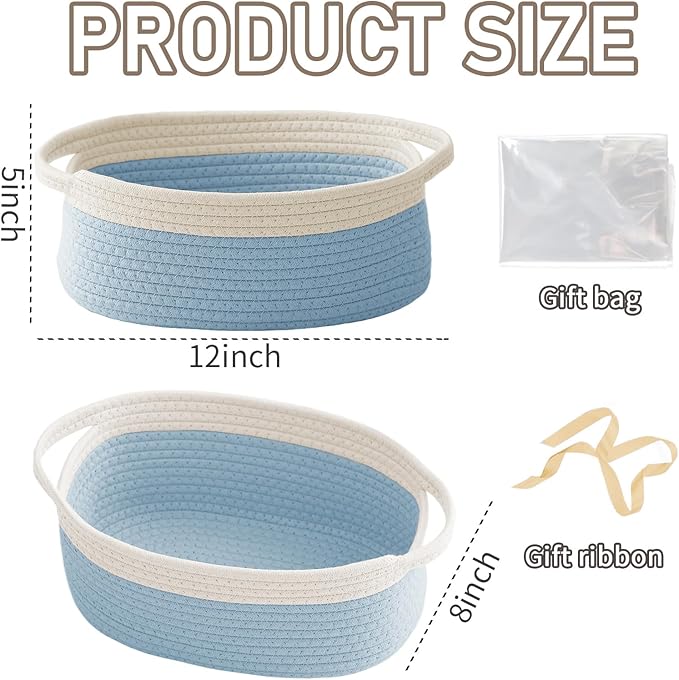 JMvicyroam Woven Basket,Small Rope Storage Bin with Handles & Ribbon Bag, Organizer for Shelves Closets,Gift Basket Empty for Birthday,Books,Dog Toys, White&Blue/3 Pack
