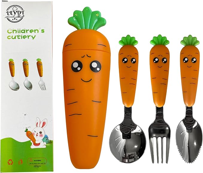 Carrot-Shaped Kids Cutlery Set – 3-Piece Toddler Utensil Set with Spoon, Fork & Fruit Scraper Spoon – Fun Baby Utensils with Carrot Handle and Matching Storage Case
