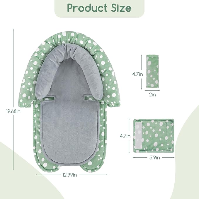 GFU Baby Car Seat Head Support for Newborn, 2 in 1 Infant Car Seat Head Body Support with Strap Pads, Soft Stroller Cushion Pillow Insert for Girls and Boys, Fits for Stroller, Swing, Green