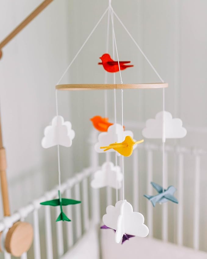 Baby Crib Mobile – Wooden Hanging Nursery Baby Mobile for Crib, Nursery Decor for Boys & Girls, Perfect Shower Gift (Rainbow Birds in The Clouds, w/Garland) Also Fits Bassinets, Sorrel + Fern