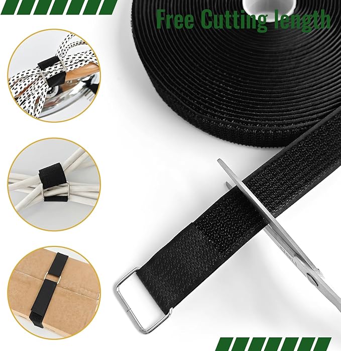 1 Inch x 32 Ft Hook and Loop Straps, 50 Metal Buckles, Adjustable Reusable Securing Cord Ties, Freely Cut-to-Length Cinch Strap, Suitable for Organization and Storage