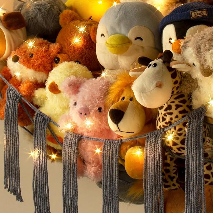 Stuffed Animal Storage Hammock Corner X-Large with LED Light - Baby Hammock Hanging Holder Plushies Net for Stuff Animals Organizer - Cute Room Decor Aesthetic Kids Toddler Nursery Bedroom