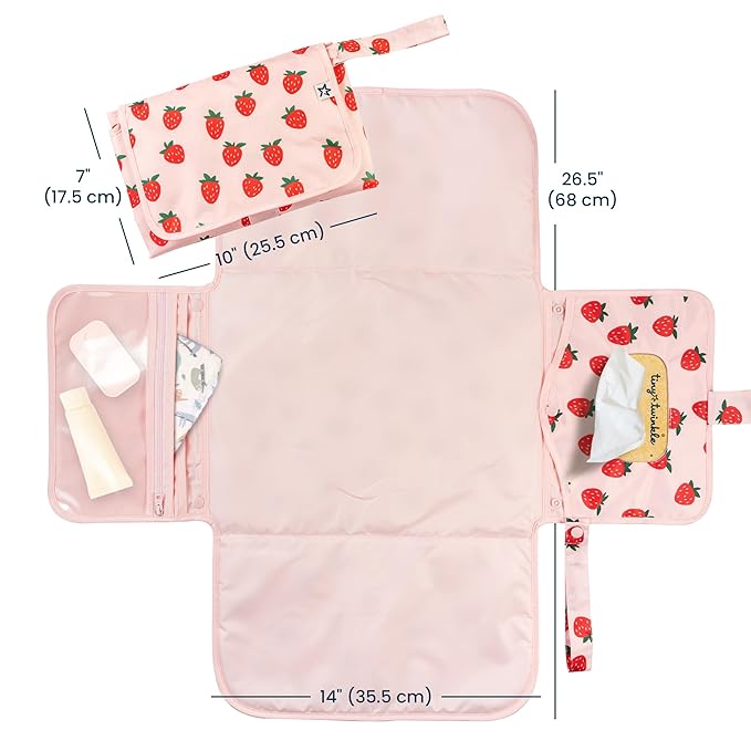 Tiny Twinkle Portable Diaper Changing Pad | Waterproof, Wipeable & Compact Baby Changing Pad for Travel | Smart Wipes Pocket & Organized Storage| Newborn Shower Gift (Strawberries)