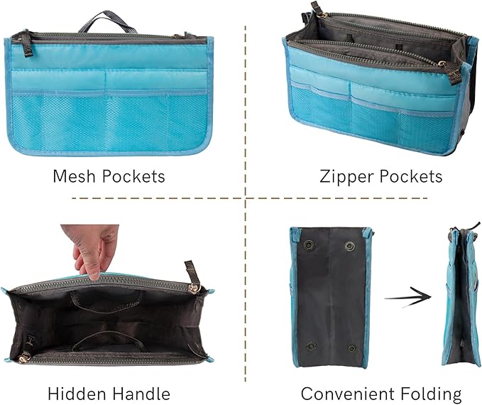 Vercord Purse Organizer Insert for Handbags Bag Organizers Inside Tote Pocketbook Women Nurse Nylon 13 Pockets Blue Medium
