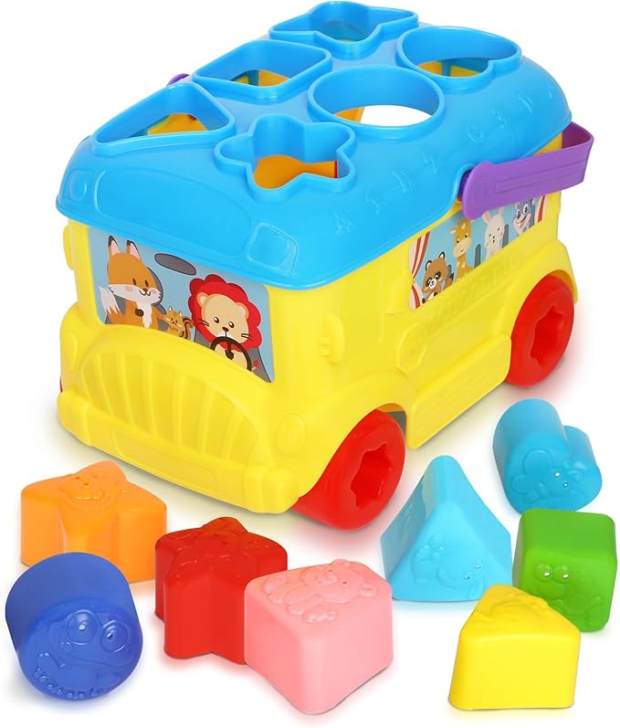 Playkidiz Bus Shape Sorter Toy - Kids Block Sorter with 16 Colorful Shapes - Sorting Toys for Toddlers 1-3 - Creative Play Learning Skills Development