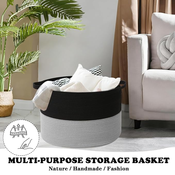 Large Storage Basket with Handle,19.7"x 19.7"x 13" Blanket Basket Storage Bins for Organizing,65L Cotton Rope Woven Baskets for Living Room, Nursery,Bedroom,Black&Light Grey