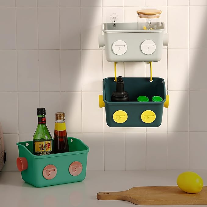 Noamus 6 Pack Bath Toy Storage Organizer Basket, 3 Layers Wall Mounted Hanging Shower Caddy, Plastic Robot Modeling Kitchen Shelf with Hook, No Drilling Colorful Toy Holder for Kid Bathtub Shampoo