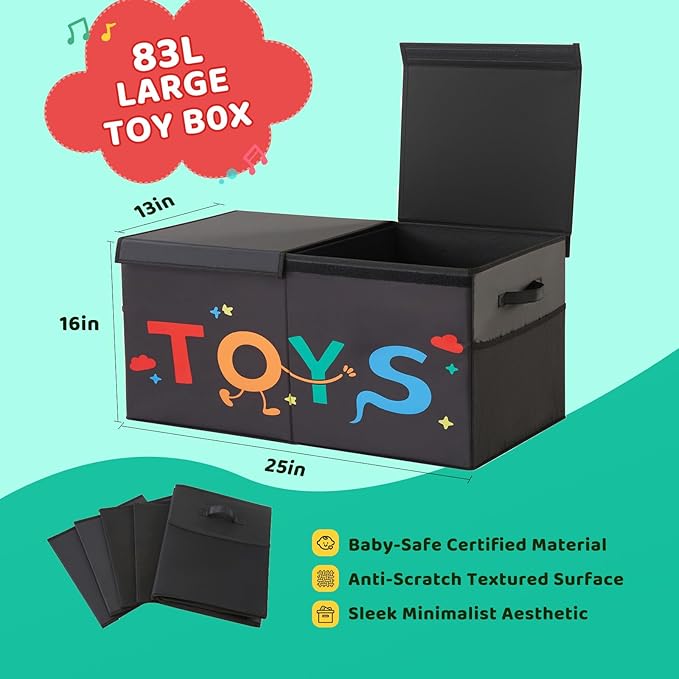 Uniency Large Toy Box, 83L Sturdy Collapsible Storage with Lid, 25"x13"x16" Kids Storage Organizer, Toy Chest Bin Baskets for Boys Girls,for Nursery,Bedroom,Playroom,Living Room,Toddlers Toybox(Black)