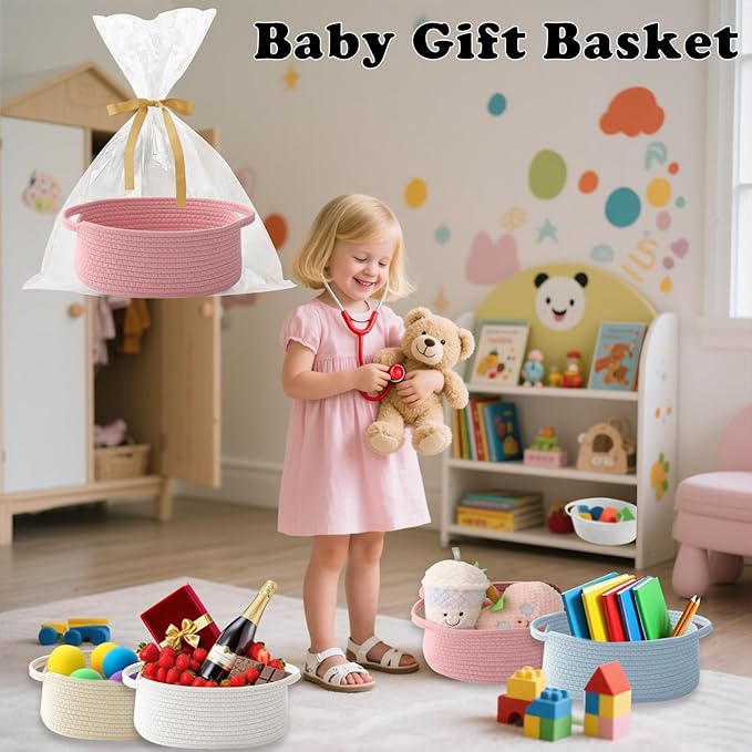 Small Woven Rope Basket-Empty Gifts Basket with Bag and Ribbons,Cute Handle Organizer Box for Birthday/Baby Shower, Toy Storage, Nursery Organizing & Shelf Decor(Pink)