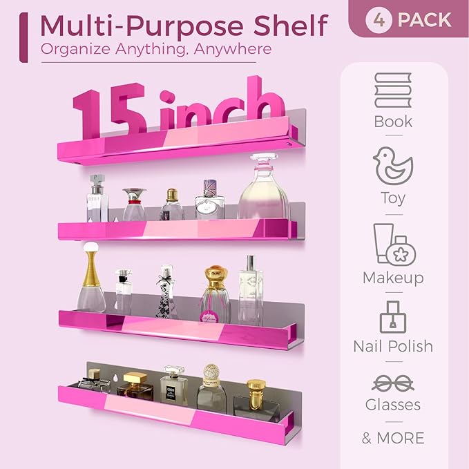 RORKIM 4 Pack 15 Inch Pink Reflective Acrylic Shelves, Pink Floating Shelves, Modern Sunglasses Essential Oil Picture Ledge Display Toy Storage Shelf