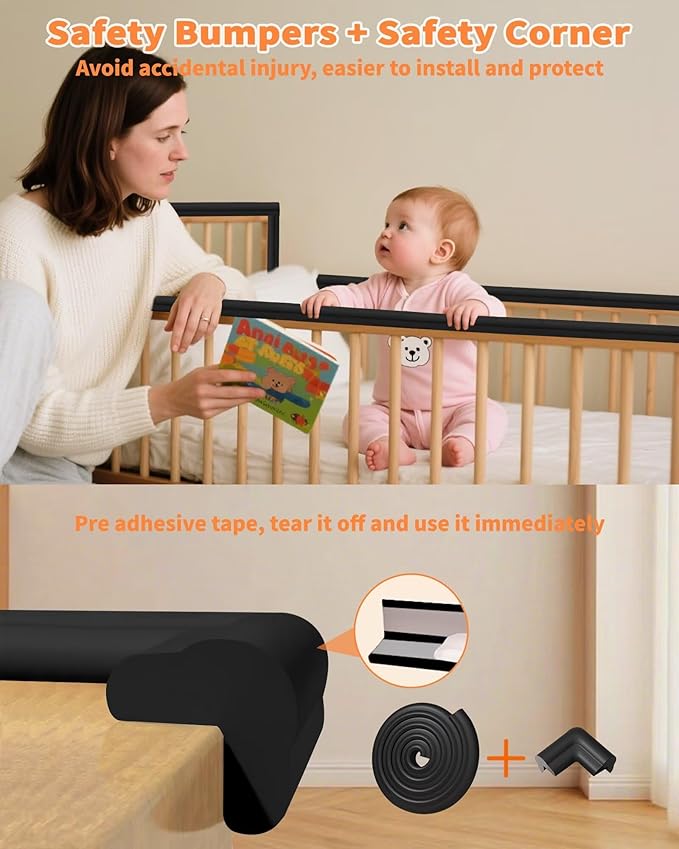 QYV Edge Corner Protector Baby Proofing, 6.56FT 0.6'' Thicken L-Shape Furniture Fireplace Safety Bumper Guard with 6 Corners, Pre-Taped, Soft NBR Rubber Foam, Table Edge Protector for Baby (Black)