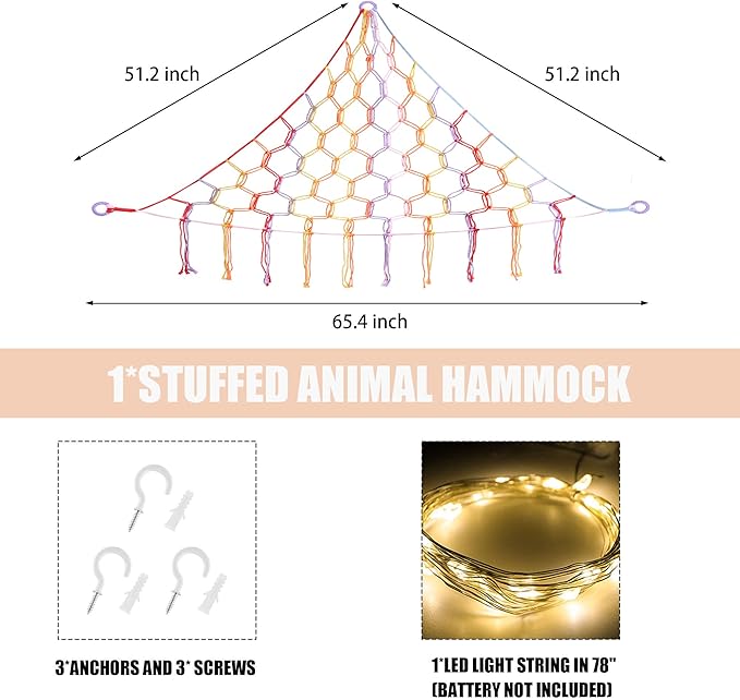 CERETIA Stuffed Animal Hammock with LED Light, Large Stuffed Animals Storage Corner Plushie Net for Kids Room Decor, Rainbow