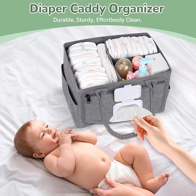 Volnamal Premium Diaper Caddy with Smart Side Wipes Pocket, Diaper Organizer, Portable Car Organizer & Nursery Basket for Newborn Essentials, Perfect Registry Must Haves for Boys & Girls, Grey