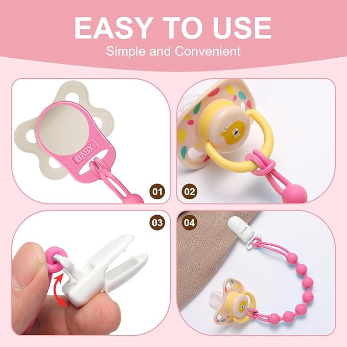 4-Pack Silicone Pacifier Clip with Adapter Ring Fits MAM Dummy, Soft Flexible Binky Holder for Button-Style Maam Dummies, Anti-Loss Paci Clips for Baby Girls, Xmas Gifts Baby Shower Essentials