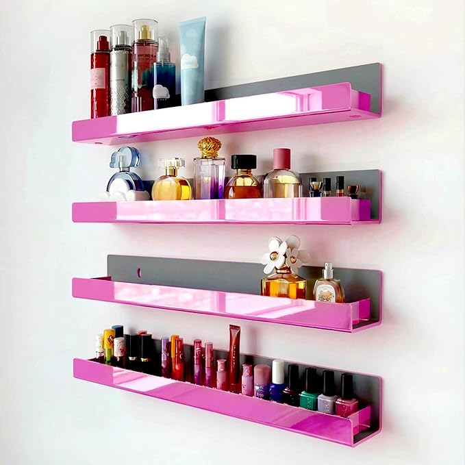 RORKIM 4 Pack 15 Inch Pink Reflective Acrylic Shelves, Pink Floating Shelves, Modern Sunglasses Essential Oil Picture Ledge Display Toy Storage Shelf