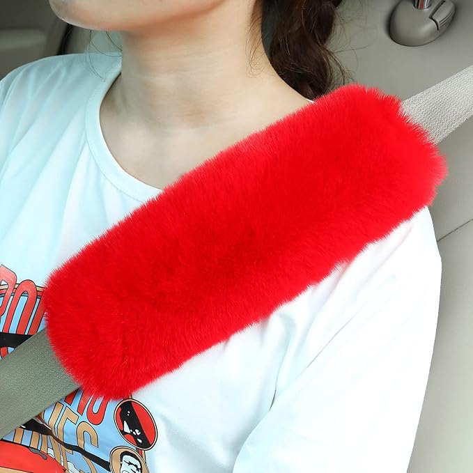 Boao 4 Pack Faux Sheepskin Car Seat Belt Pads Seatbelt Protector Soft Seat Belt Shoulder Strap Cover Comfort Harness Pad(Red, 9.9 Inch)