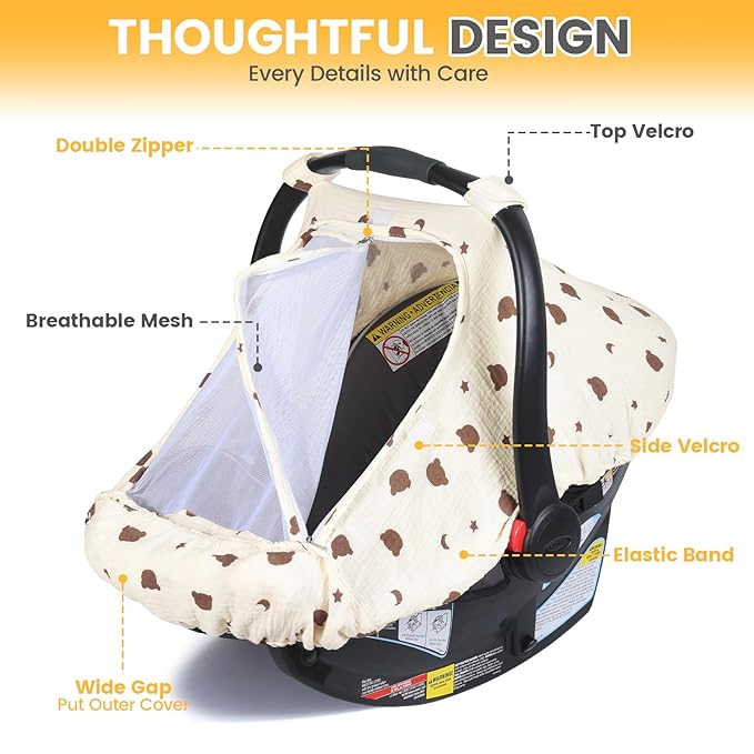Orzbow Cotton Baby Car Seat Cover, Breathable Car Seat Canopy for Girls Boys with Mesh Window, Lightweight Baby Carrier Cover for Wind, Dust, Sun and Insects Protection, Universal Fit, Beige