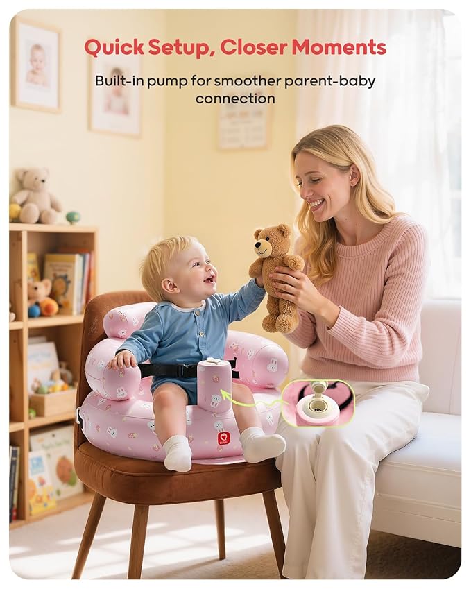 QPAU Inflatable Baby Seat with Safety Harness for Babies 3 Months & Up, Baby Floor Seats for Sitting Up, Baby Seats for Infants, Blow Up Baby Chair with Built in Air Pump (Pink Rabbit)