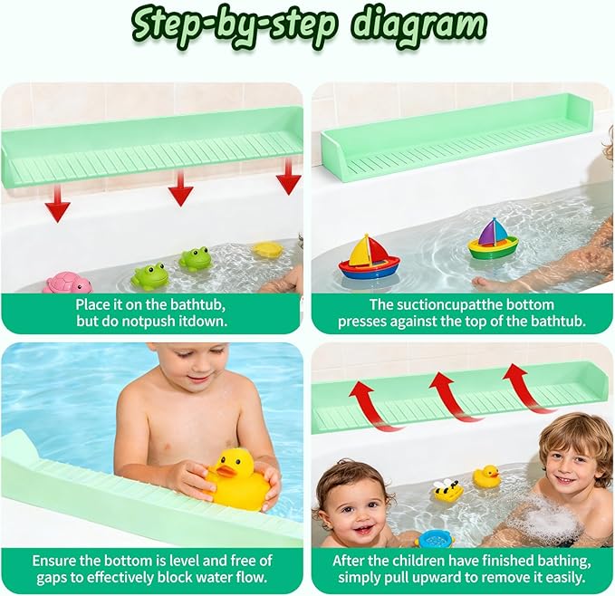 Splash Guard for Bathtub Kids - Silicone Bathtub Splash Guard with 11 Suction Cups, Bath Tub Play Shelf for Kids & Toy Holder, Prevent Water Spill in Bathroom, Fun Bath Time for Toddlers Baby(Green)