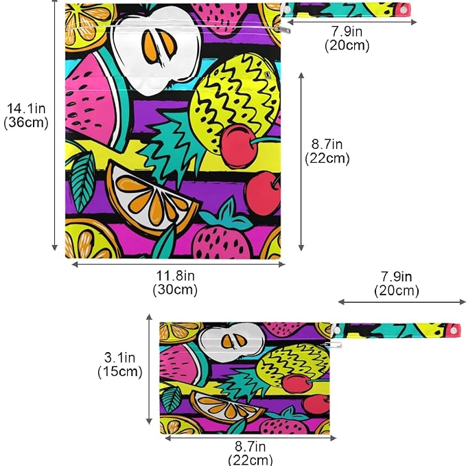 visesunny Colored Lemon Pineapple Stripe Cartoon Character 2Pcs Wet Bag with Zippered Pockets Washable Reusable Roomy for Travel,Beach,Pool,Daycare,Stroller,Diapers,Dirty Gym Clothes, Wet Swimsuits, T