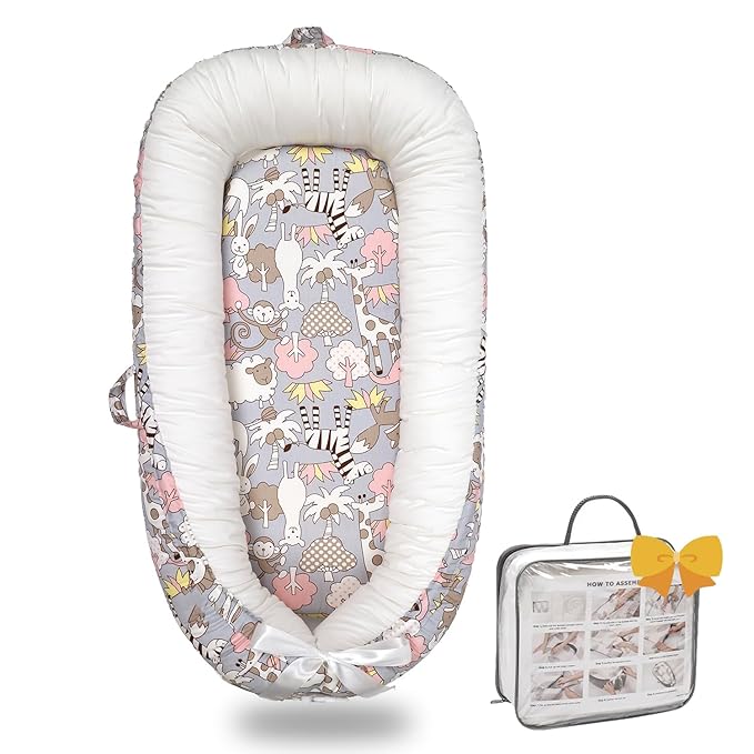 Baby Lounger-Breathable and Soft Organic 100% Cotton, Portable Infant Lounger with Removable Lounger Cover, Floor Lounger for Newborn - Sheep Monkey