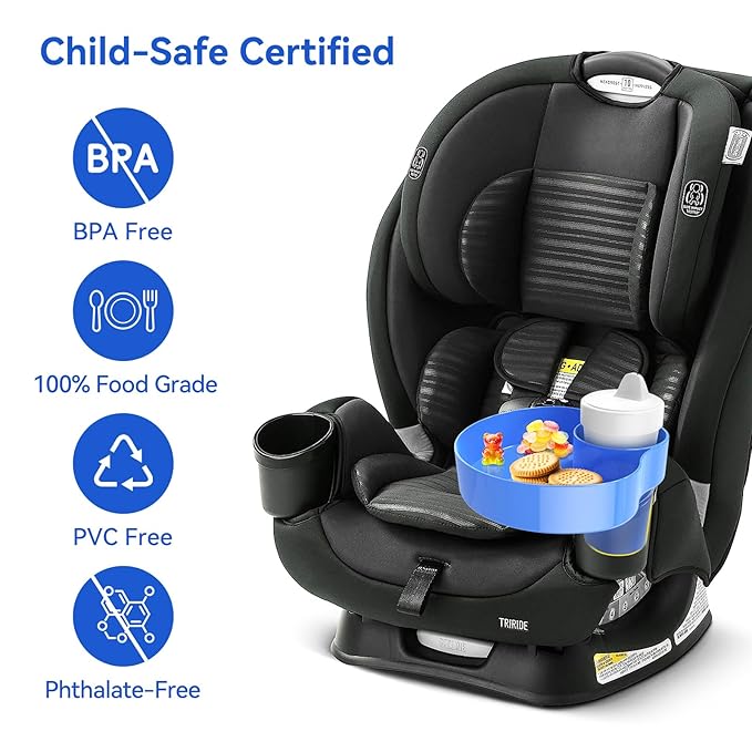Car Seat Snack Tray: Travel Tray for Kids Carseat Cup Holder with Food Trays, Stroller Snacks Plate for Toddlers, Kid Road Trip Essentials, Blue