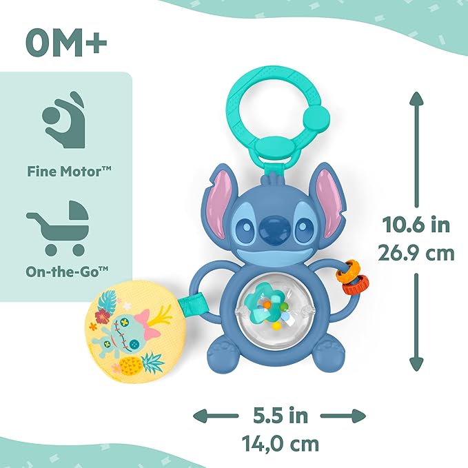 Bright Starts Disney Baby Stitch Tummy Tumble Baby Toy - Spinning Bead Chaser Toy, On The Go Travel, Unisex, Stroller Toy for Newborns & Up