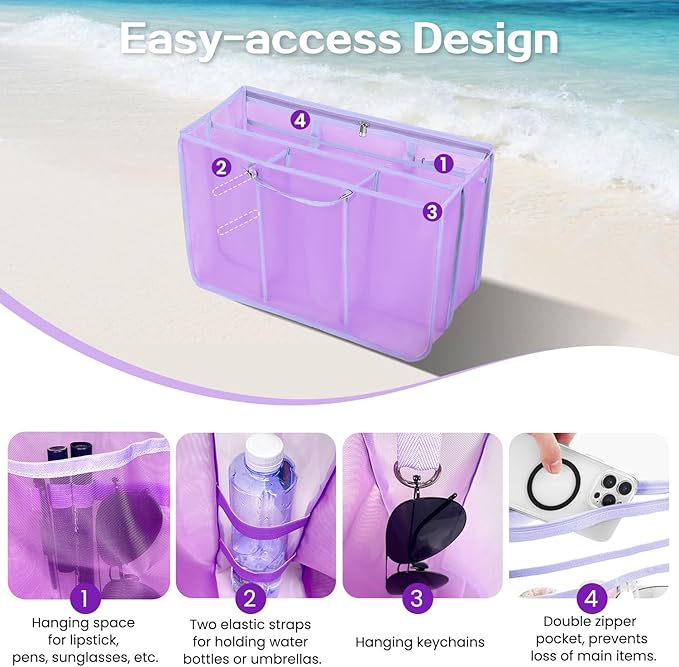 XYFuuee Beach Bag Organizer Inserts for Baby Medium Bogg Bag Accessories with 8 Removable Metal Fasteners, Lightweight Mesh Insert Divider Pouch, Organizing Rubber Tote, Save Storage Space, Purple M