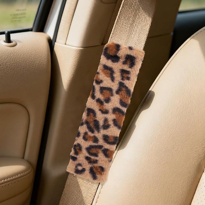 2pcs Cheetah Print Seat Belt Cover Pads, Cute Plush Car Seat Straps Shoulder Cushions Fluffy Soft Leopard Print Seatbelt Protectors Car Accessories for All Cars & Backpack Comfortable Use