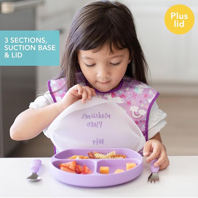 Bumkins Toddler and Baby Suction Plate, Silicone Divided Grip Dish and Lid, Babies and Kids, Baby Led Weaning, Children Feeding Supplies, Non Skid Bottom, Platinum Silicone, Ages 6 Mos Up, Lavender