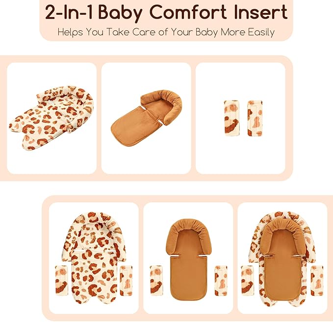 GFU Baby Car Seat Head Support for Newborn, 2 in 1 Infant Car Seat Head Body Support with Strap Pads, Soft Stroller Cushion Pillow Insert for Girls, Fits for Stroller, Swing, Brown