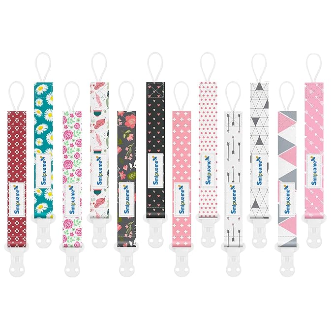 Smlpuame Pacifier Clip Girl,12 Pack Stylish Binky Clips Strap for Baby Girls,Paci Holder with Clip Lightweight Universal Fits Most Pacifiers Teether Toy Teething Ring Soothie,Baby Gifts
