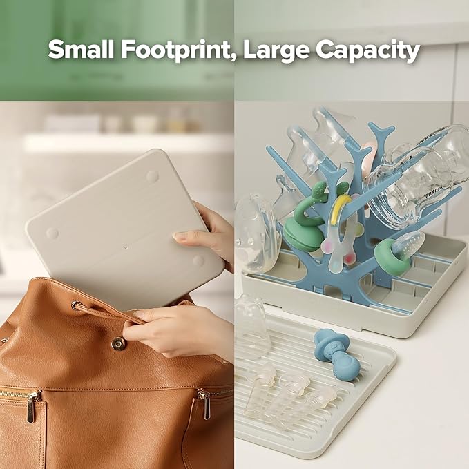 haakaa Portable Baby Bottle Drying Rack with Tray, Space Saving Bottle Drying Tree for Bottles/Pump Parts/Pacifiers,Easy-Store Dryer Rack Great for Home & Travel, BPA Free (Sky Blue)