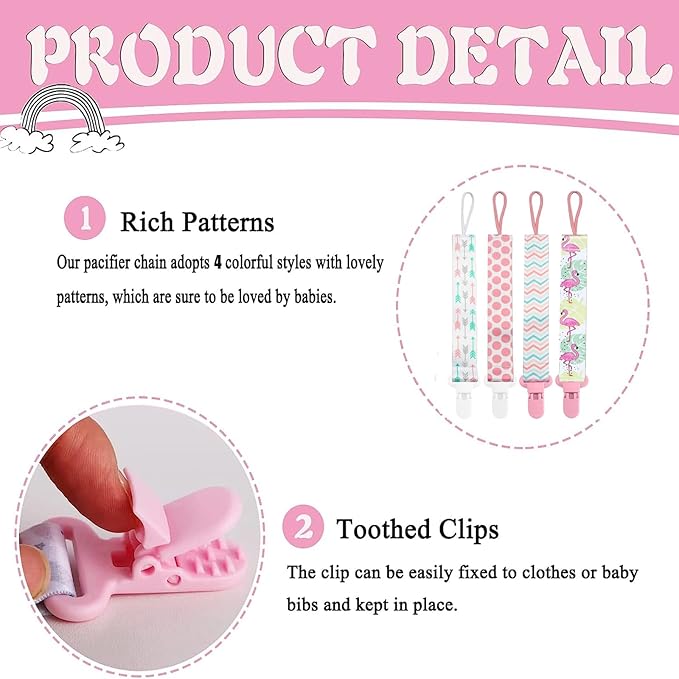 4 Pcs Baby Dummy Strap Clip, Pacifier Clip Dummy Holder Straps with 4 Silicone Adapter, Soother Chains Clips Fit All, Soothers, Teething Toys, Baby Essentials