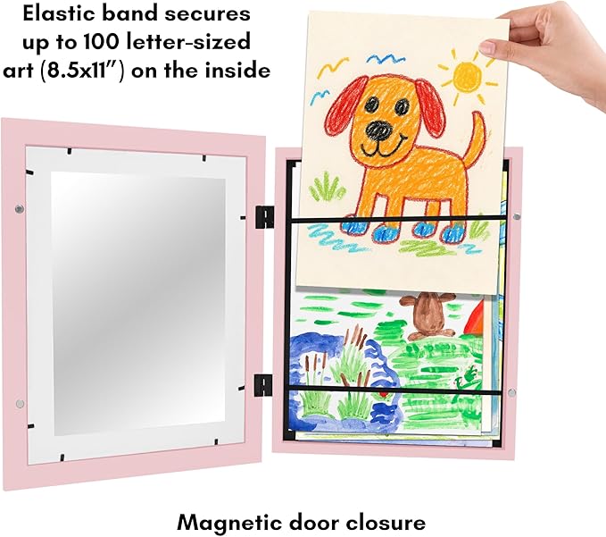 Americanflat Kids Artwork Frame Changeable (Light Pink) - Magnetic Door Holds 100 Art Pieces - 8.5x11 Letter Size Display with Mat or 10x12.5 Without Mat - My Mini Masterpiece