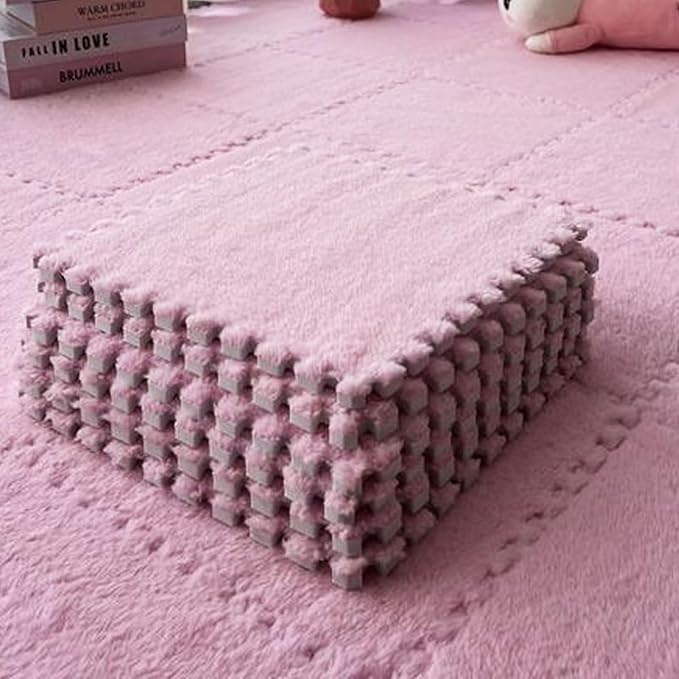 12pcs Plush Puzzle Foam Floor Mat, Cute Soft Fluffy Interlocking Square Foam Tiles Area Rugs Carpet for Parlor Bedroom Decoration(11.8x11.8x0.55in, Pink)