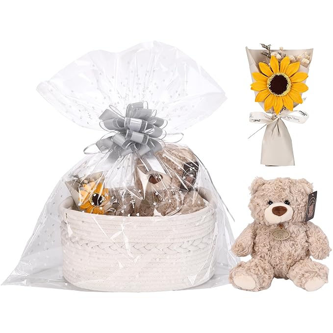 Sea Team Woven Cotton Rope Gift Basket with Gift Bags & Ribbons, Optional Stuffed Bear & Sunflower, Baby Shower Present, Pet Gift or Nursery Storage Bin, 13.4 x 9.1 x 7.1 Inches, White