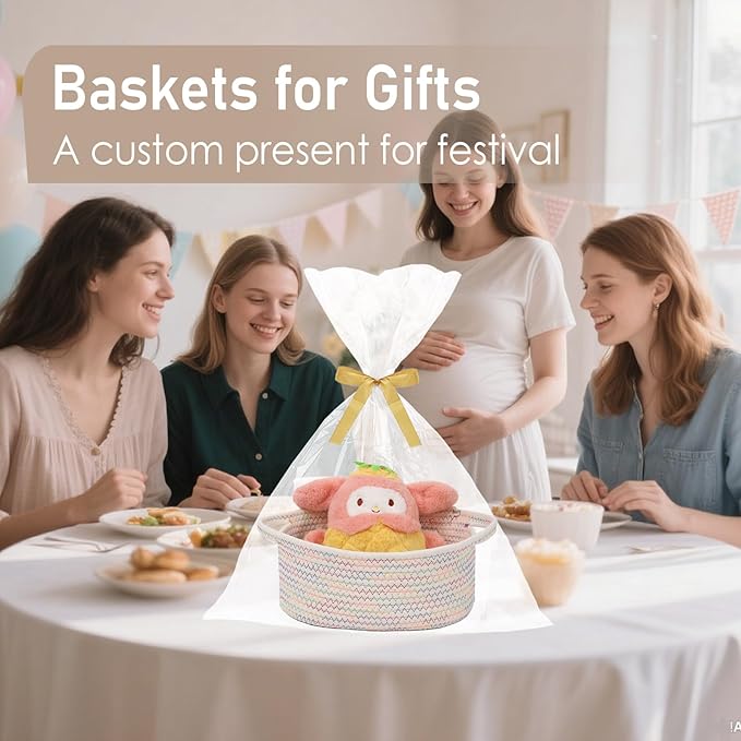 JMvicyroam Woven Basket,Small Rope Storage Bin with Handles & Ribbon Bag, Organizer for Shelves Closets,Gift Basket Empty for Birthday,Books,Dog Toys, Colorful/3 Pack